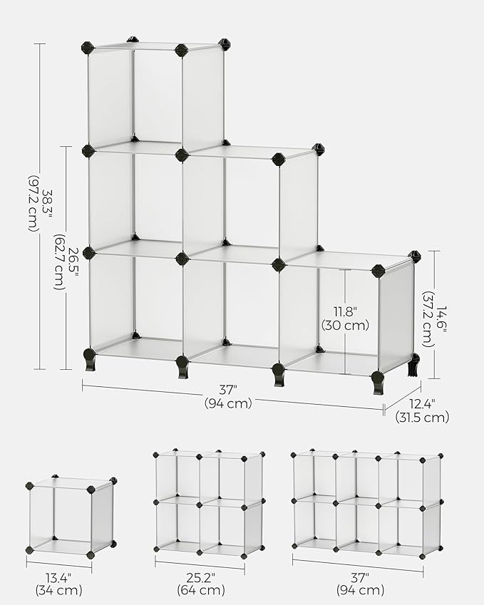 SONGMICS 6 Cube Storage Organizer, DIY Closet Shelf, Plastic Clothes Organizer, Modular Bookcase, 11.8 x 11.8 x 11.8 Inch Cubes, with Feet and Rubber Mallet, White ULPC06W
