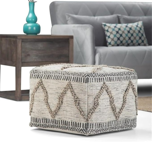 SIMPLIHOME Sweeney Boho Square Pouf in Grey, Natural Handloom Woven Pattern for the Living Room, Bedroom and Kids Room