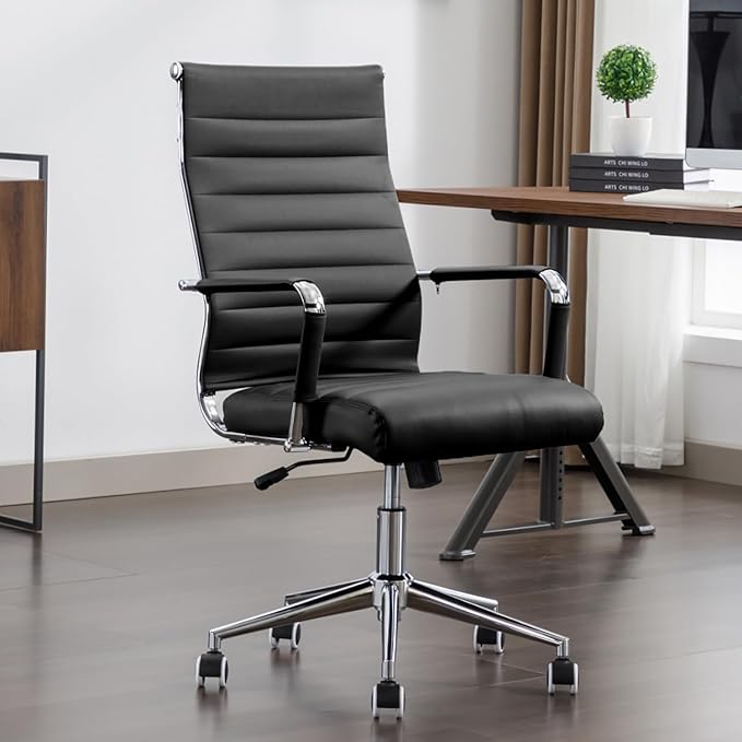 Office Desk Chair Leather, Conference Room Chairs with Wheels, Executive Modern High Back Ergonomic Swivel Rolling Ribbed Computer Chair