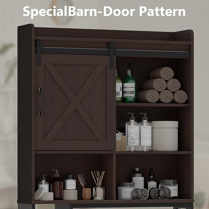 Over The Toilet Storage Cabinet, Farmhouse Storage Cabinet Over Toilet with Sliding Door & Toilet Paper Holder Stand,Home Space-Saving Toilet Rack, for Bathroom, Restroom, Laundry.Espresso
