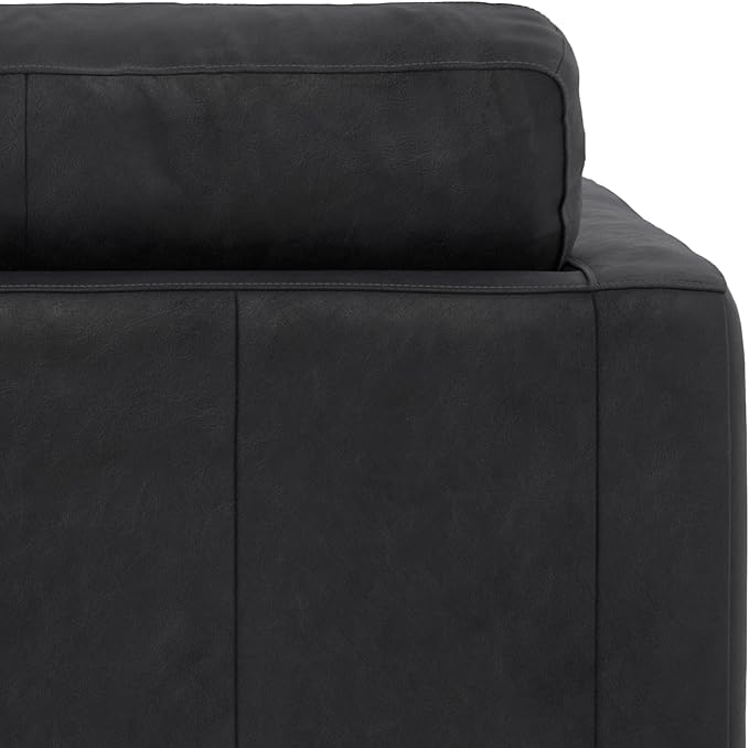SIMPLIHOME Morrison Accent Chair - 43 inch Wide Upholstered Top Grain Genuine Leather Mid-Century Modern Arm Chair with Solid Wood Frame in Lead Black, for Living Room with 2 Bolster Pillows