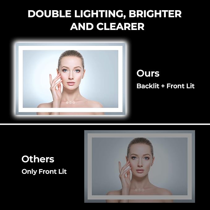 55x36 Inch LED Bathroom Mirror with Lights Front and Backlit Lighted Vanity Mirror for Bathroom Wall with 3 Colors Dimmable Anti-Fog Memory Shatter-Proof IP54 Waterproof Horizontal/Vertical
