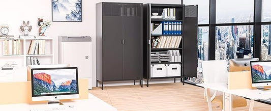 Metal Storage Cabinets with 4 Adjustable Shelves,Black Metal File Cabinet, 71'' Steel Storage for Home & Office, School,Kitchen Pantry,Tool Cabinet,Garage, Black