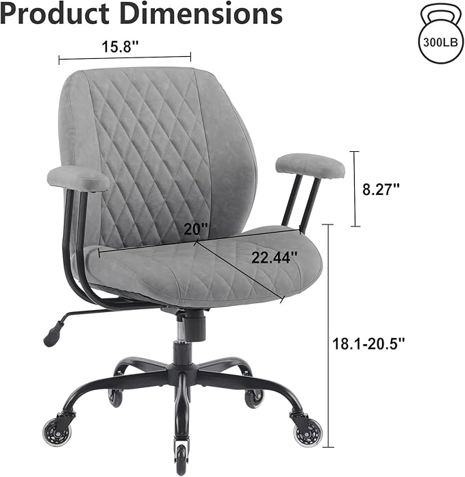 YFO Modern Ergonomic Office Desk Chair, Grey Leather with Lumbar Support, Adjustable Height, Swivel, Armrests, for Office, Gaming, Reading, Relaxing