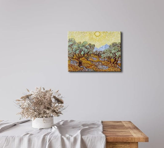 Wieco Art Olive Trees with Yellow Sky and Sun Canvas Print of Vincent Van Gogh Wall Art Paintings Reproduction Field Pictures Artwork for Wall Decor and Home Decorations VAN-0071-3040