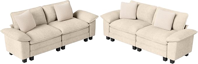 L-Shaped Cloud Modular Sofa Set, 4-Piece Double Loveseat Sectional w/Deep Seat & Removable Arms, Plush Chenille for Living Room - Beige