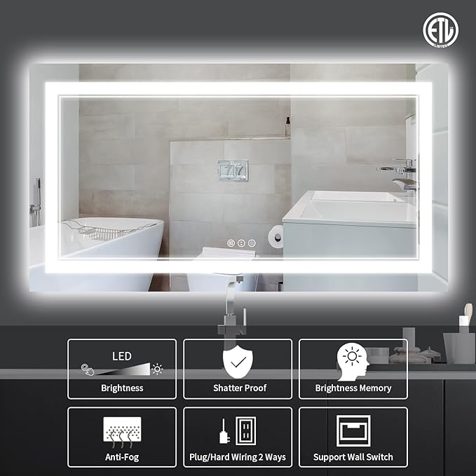 60x28 Inch LED Bathroom Mirror with Lights, Backlit and Front Lighted Bathroom Vanity Mirrors for Wall, Anti-Fog/Dimmable/Memory/Shatterproof/ETL Listed