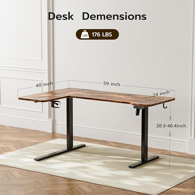 59 Inch L Shaped Standing Desk Adjustable Height, Electric Corner Standing Desk, Sit Stand Computer Table with Reversiable Splice Board, Rustic Brown