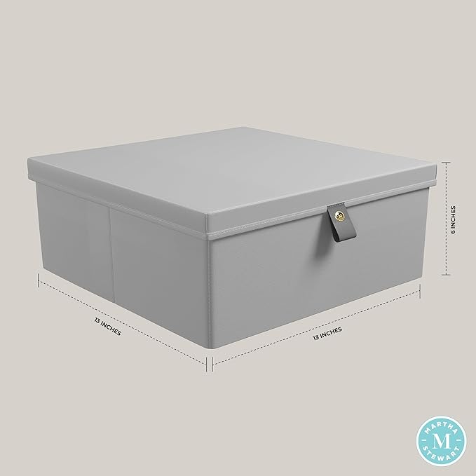 Martha Stewart Essential Collapsible Stackable Decorative Home Storage Organization With Lidded Tops, Lidded Storage Organizer, Grey