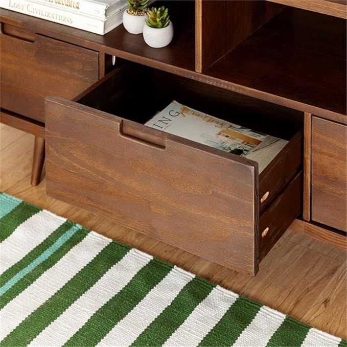 Walker Edison 3-Drawer Mid Century Modern Wood TV Stand for TV's up to 65" Flat Screen Cabinet Door Living Room Storage Entertainment Center, 58 Inch, Walnut