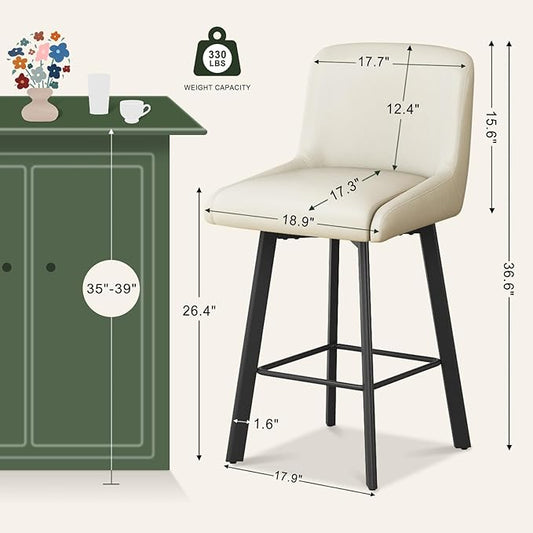 Swivel Bar Stools, 26''H Upholstered Barstools with Backs, Modern Counter Height Bar Stool Chairs for Kitchen Island, Metal Legs (Beige- Faux Leather, Set of 3-26" H)