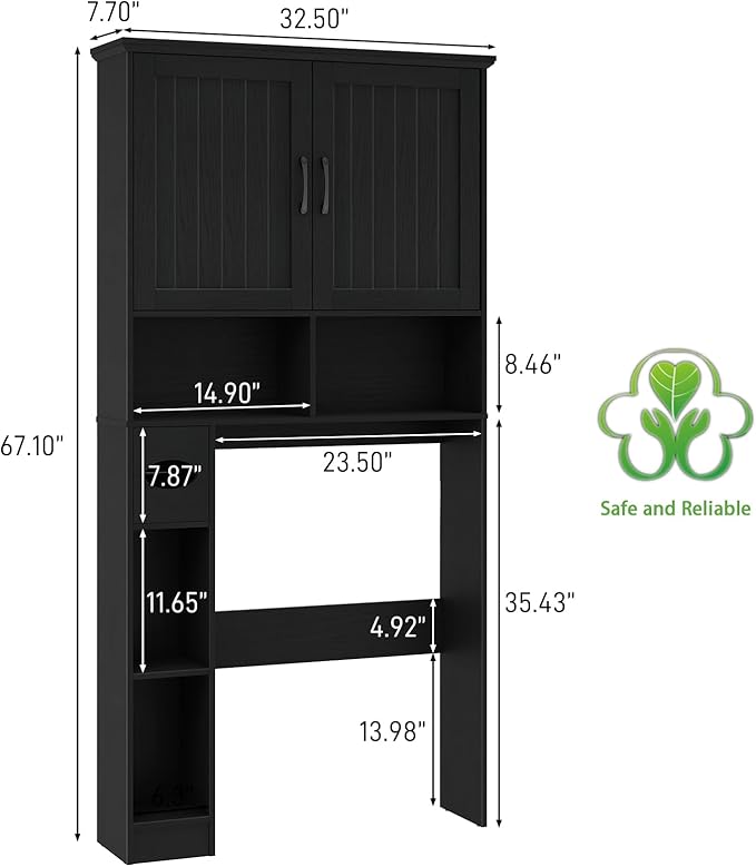 Over The Toilet Storage Cabinet, Farmhouse Storage Cabinet Over Toilet with Barn Door& Toilet Paper Holder Stand,Home Space-Saving Toilet Rack, for Bathroom, Restroom, Laundry.Pure Black