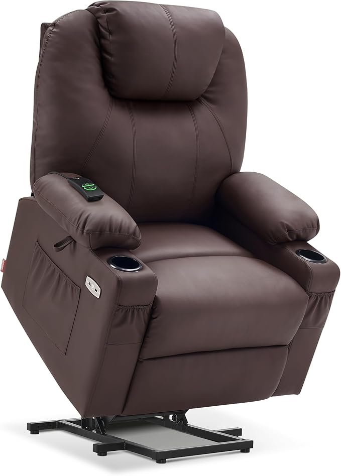 MCombo Large Power Lift Recliner Chair with Massage and Heat for Tall Elderly People, 3 Positions, Cup Holders, and USB Ports, Faux Leather 7516 (Large, Light Brown)