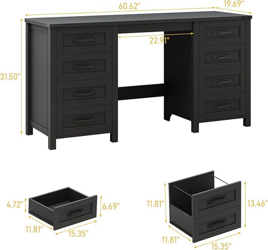Vabches Farmhouse 60.6” Executive Desk with 7 Drawers, Computer Desk with File Drawer for Hanging Files A4, Workstation for Home Office, Study.Black