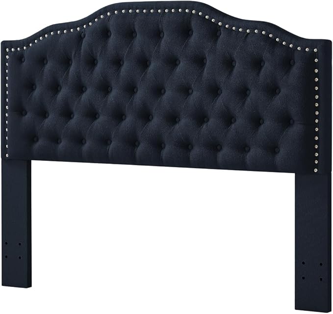24KF Upholstered Button Tufted Queen Headboard with Nailhead Trim, Elegant Boucle Fabric Full headboard, 6031-Q-Boucle-Navy
