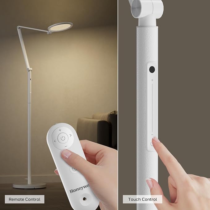 Honeywell LED Floor Lamp - F01WT Sunturalux™ Eye Caring Dimmable Standing Light with Remote,Bright Natural Daylight 5 Colors & 5 Brightness Adjustable Tall Lampara for Home Office Living Room Bedroom