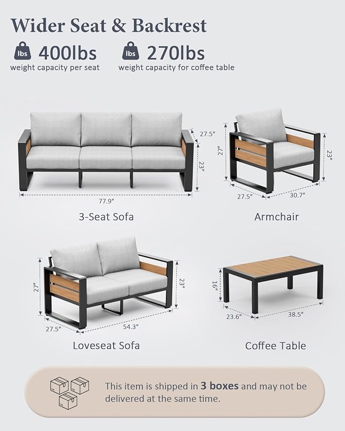 ZANDOR Aluminum Outdoor Patio Furniture Set, 4-Piece Metal Modern Outside Sectional Conversation Lawn Furniture with Coffee Table & Washable Thick Cushions,Seating Sofa for Garden/Backyard/Porch Grey