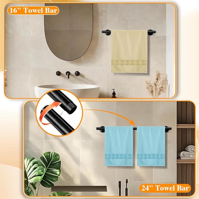 Matte Black 16-Piece Bathroom Hardware Set Stainless Steel, 24in and 16in Towel Bars Set Wall Mounted Bathroom Accessories