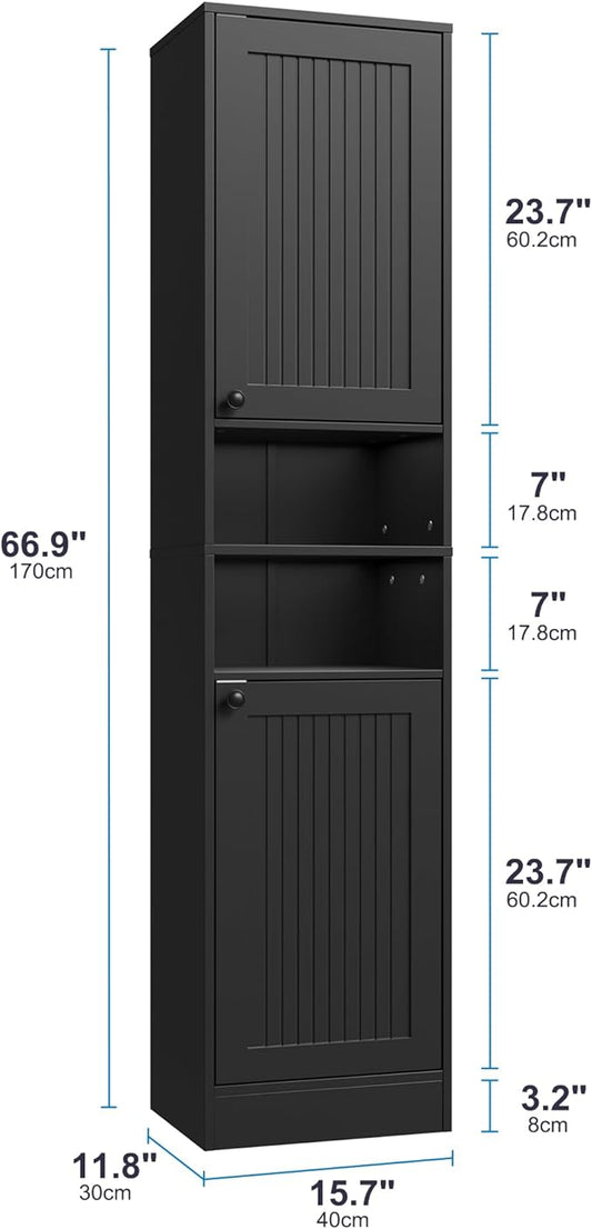 Farmhouse Bathroom Cabinet with 2 Doors, 67" Tall Slim Freestanding Cabinet, Narrow Floor Storage Unit with Open Shelf and Adjustable Shelves for Bathroom, Living Room, Kitchen, Black