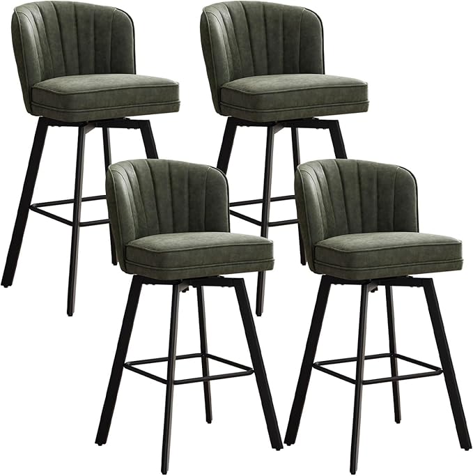 Swivel Counter Height Bar Stools Set of 4, 30'' Modern Barstools with Backs and Metal Legs, Upholstered Bar Chairs, Faux Leather Green Stools for Kitchen Island Chairs