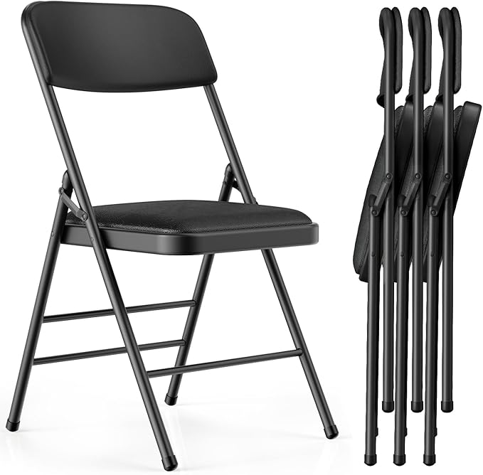 Folding Chairs 4 Pack with Padded Cushion and Back, Metal Folding Chairs with Comfortable Cushion and Durable Steel Frame Capacity for Home, Office, Party and Outdoor Events (PU-Black, 4 Pack)
