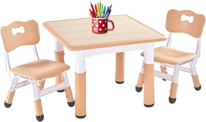 FUNLIO Kids Table and 2 Chairs Set, Height Adjustable Toddler Table and Chair Set for Ages 3-8, Easy to Wipe Arts & Crafts Table, for Classrooms/Daycares/Homes, CPC & CE Approved (3pcs Set) - Natural