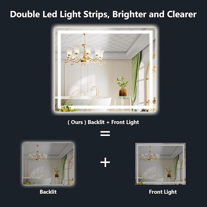 48x40 Inch LED Bathroom Mirror with Lights Front and Backlit Lighted Vanity Mirror for Bathroom Wall with 3 Colors Dimmable Anti-Fog Memory Tempered Glass Horizontal/Vertical