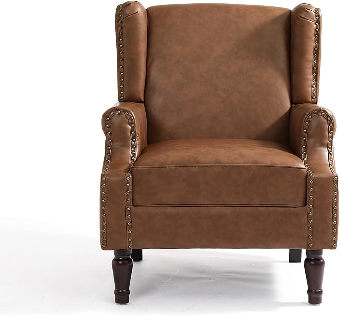 UIXE PU Leather High Back Accent Chair, Upholstered Armchair for Living Room, Retro Wingback Arm Chair Nailhead Trim Single Sofa Bedroom Reading Seat with Solid Wood Legs - Brown