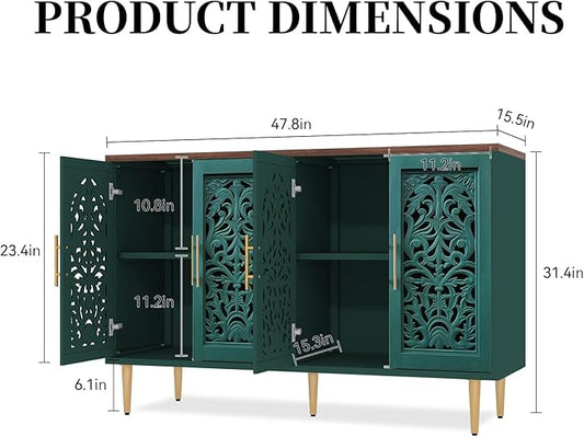 ARTPOWER 47.8" Accent Cabinet with 4 Doors, Vintage Hollow Carving Buffet Cabinet, Sideboards and Buffets with Storage, Credenza for Living Room, Kitchen, Dining Room, Entryway, Hallway, Green