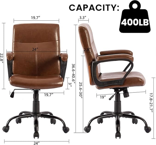 DYHOME Leather Office Chair Brown Desk Chair with Armrest, Ergonomic Computer Chair Mid Back, Mid Century Modern Home Office Desk Chair with 30° Tilting Backrest, Capacity 400lbs