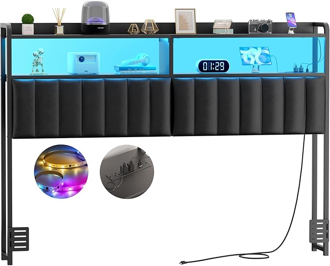 Aheaplus Headboard for Queen Size Bed Frame, Upholstered Headboards with Outlets, USB Ports and LED Light, Leather Head Board with Storage, Height Adjustable, Comfortable Headboard, Queen Size, Black