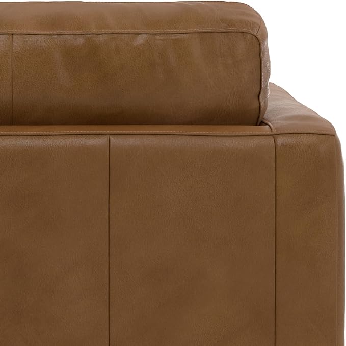 SIMPLIHOME Morrison Accent Chair - 43 inch Wide Upholstered Top Grain Genuine Leather Mid-Century Modern Arm Chair with Solid Wood Frame in Caramel Brown, for Living Room with 2 Bolster Pillows