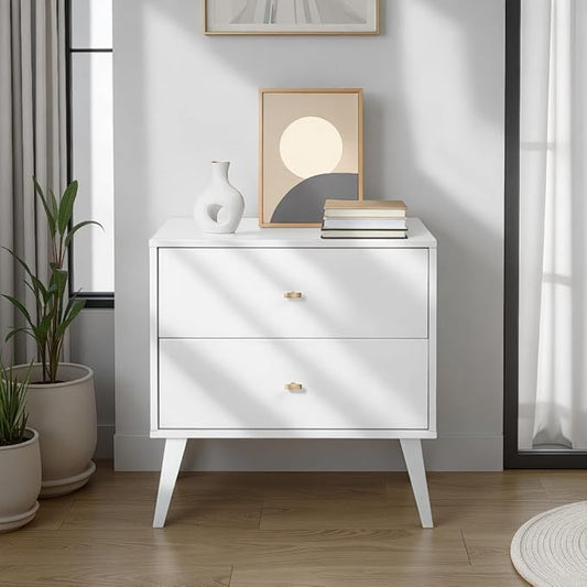 Prepac Milo Mid-Century Modern 2 Drawer Nightstand, Bedside Table, Contemporary Bedroom Furniture, 16"D x 25"W x 25"H, White