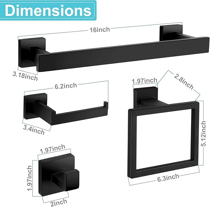 16 in Matte Black Bathroom Accessories Set, Bath Towel Bar Set, Stainless Steel Bathroom Hardware Set, Towel Racks for Bathroom Wall Mounted 5 Pcs (Black)