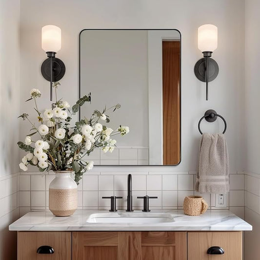 ANDY STAR Wall Mirror for Bathroom, 24x36 Inch Black Bathroom Mirror, Stainless Steel Metal Frame with Rounded Corner, Rectangle Glass Panel Wall Mounted Mirror Decorative for Bathroom