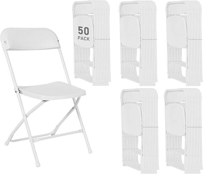50 Pack White Plastic Folding Chairs, Portable Stackable Commercial Party Folding Chairs with Steel Frame 350lbs for Home Office Outdoor Indoor Office Wedding Party Events