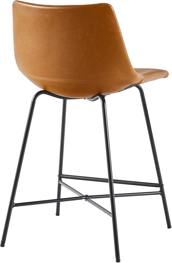 Walker Edison Xuma Modern Faux Leather Armless Low Back Counter Stool, Set of 2, Whiskey Brown
