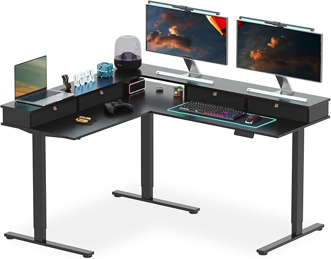 SANODESK 63" L Shaped Standing Desk with 3 Drawers, Height Adjustable Stand up Desk, Corner Gaming Desk with Monitor Stand, Black Frame/Black Top