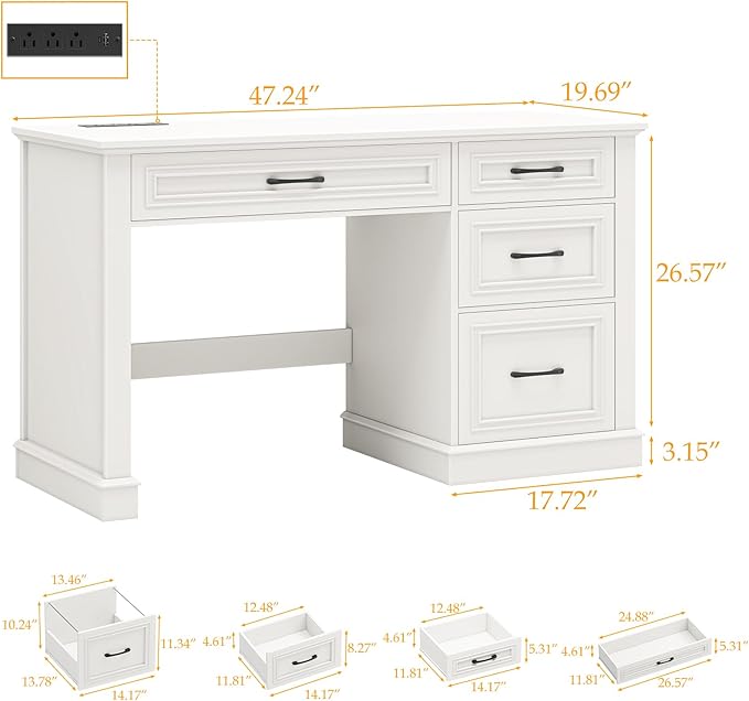 Farmhouse 47" Executive Desk, Computer Desk with Drawers and File Drawer, Workstation Computer Desk with Charging Station for Home Office,Study,(Cream White)