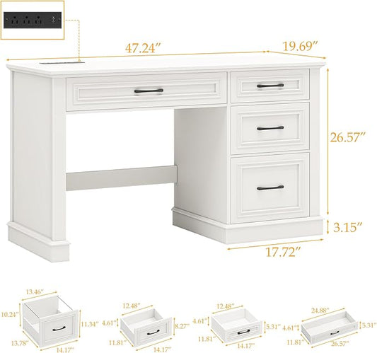 Farmhouse 47" Executive Desk, Computer Desk with Drawers and File Drawer, Workstation Computer Desk with Charging Station for Home Office,Study,(Cream White)