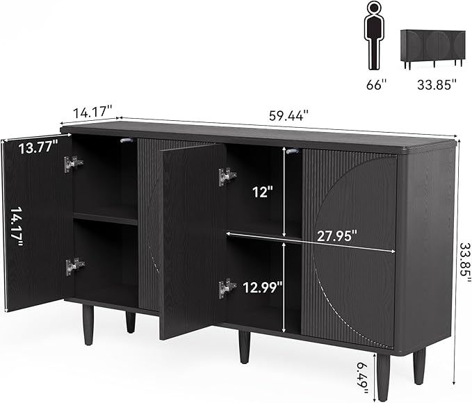 LITTLE TREE 59-Inch Buffet Cabinet Sideboard with Storage, Modern Sideboard Buffet Table with Doors for Living Room, Dining Room (Black)