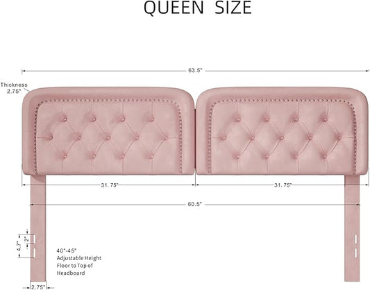 Tufted Upholstered Headboard Queen Size, Button Adjustable Height Queen Head Board Only, Sturdy and Durable Solid Wood with Nailhead Trim Headboards, Ideal for Bedroom, Dorm, Guest Room,Pink