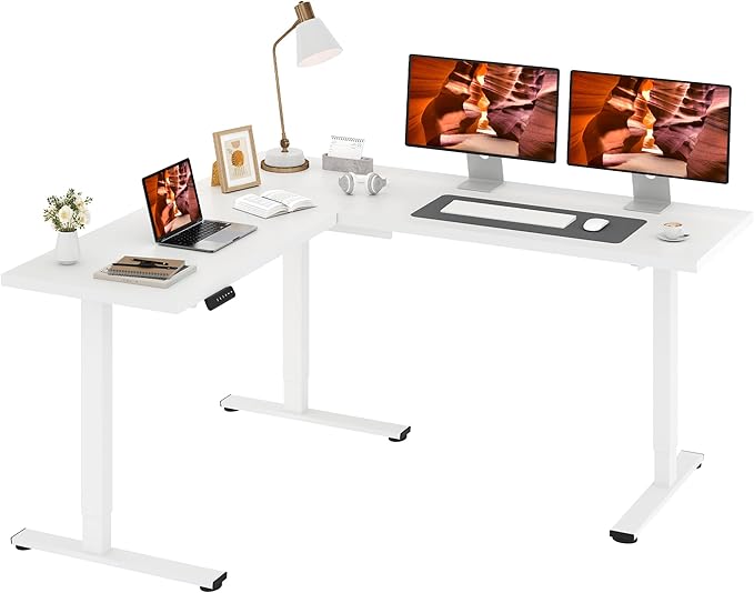 L-Shaped Standing Desk, 71 x 63 Inches Height Adjustable Desk, Sit and Stand up for Work Office Home, Ergonomic Rising Computer Table for Home Office with Splice Board, White