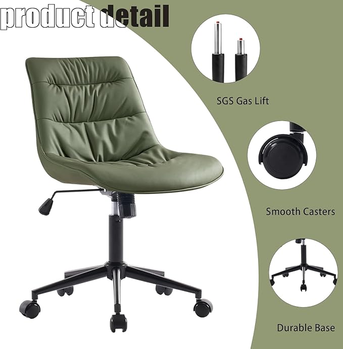 Kidol & Shellder Faux Leather Office Chair, Adjustable Swivel Height Task Chair, Rolling Wheels & Soft Backrest - Armless Ergonomic Desk Chair for Home, Office,Vanity,Gaming(Bean-Green)
