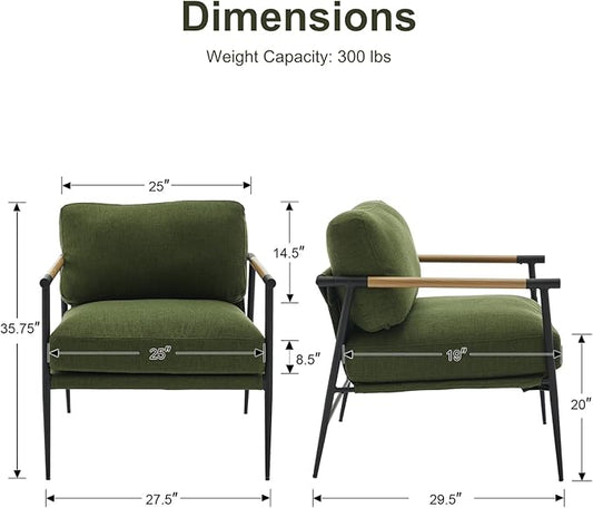 HEAH-YO Modern Accent Chair Set of 1, Upholstered Linen Fabric Living Room Chair with Backrests and Metal Legs, Comfy Reading Side Armchair for Bedroom, Green