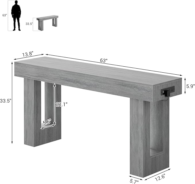 Unikito 63'' Farmhouse Console Table with Power Outlets and Sensor Light, Wooden Entryway Table with Storage, Rectangular Sofa Tables Behind The Couch for Entrance, Hallway, Living Room, White Oak