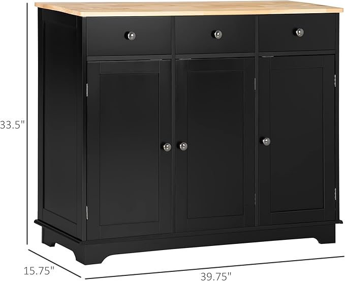 HOMCOM Sideboard with Solid Wood Countertop, Modern Kitchen Storage Cabinet, Coffee Bar Cabinet with 3 Drawers, Doors and Adjustable Shelf, Black