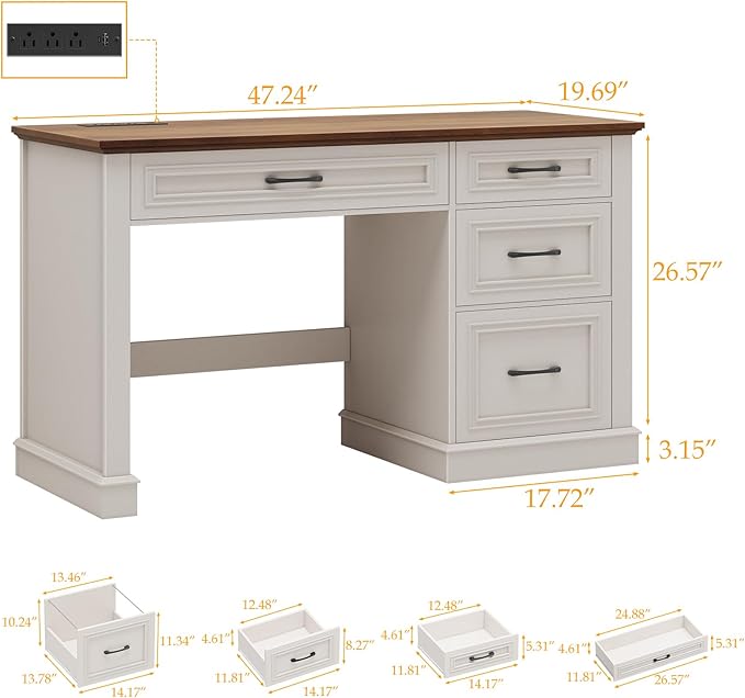 Farmhouse 47" Executive Desk, Computer Desk with Drawers and File Drawer, Workstation Computer Desk with Charging Station for Home Office,Study,(Unique White)