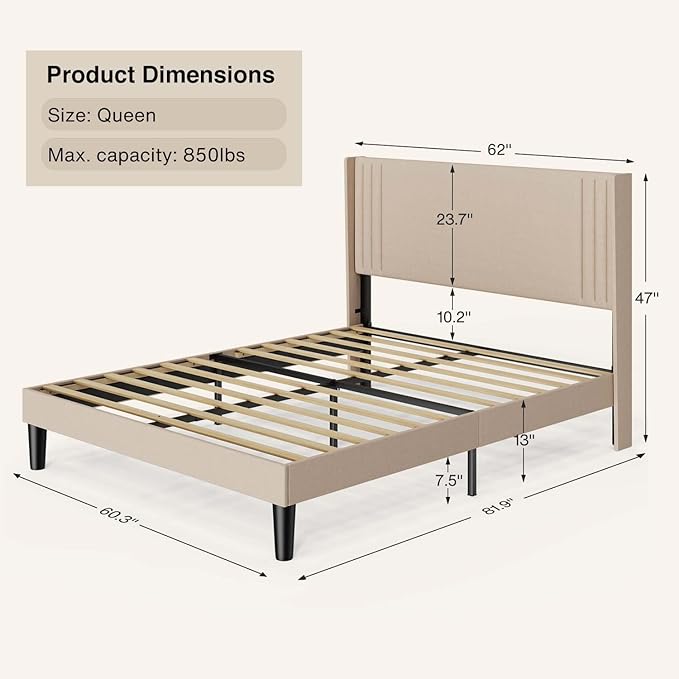 Gizoon Queen Bed Frame with Wingback Headboard, Upholstered Platform Bed, Wooden Slats, Noise-Free, No Box Spring Needed, Easy Assembly