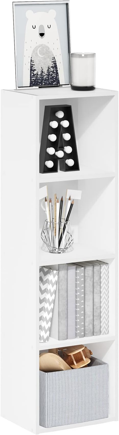 Furinno PASIR Book Shelf, 4-Tier Modern Bookshelf, Open Shelves Bookcase 9 x 12 x 42, for Living Room, Bedroom, Home Office, White